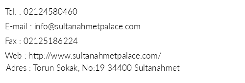 Sultanahmet Palace Hotel telefon numaralar, faks, e-mail, posta adresi ve iletiim bilgileri